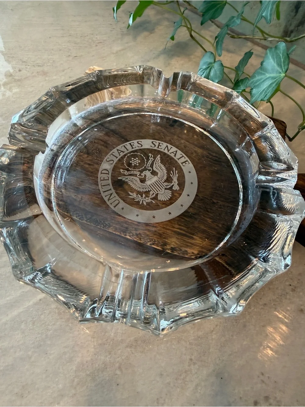 Vintage United States Senate Etched Glass Ashtray – Heavy Clear Crystal Tobaccia